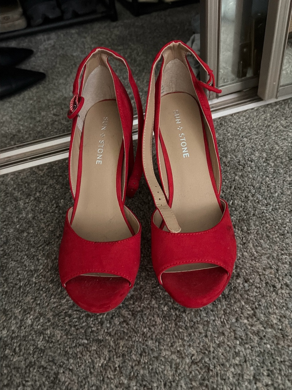 Red Suede Open-Toe Ankle Strap Heels by Sam & Stone